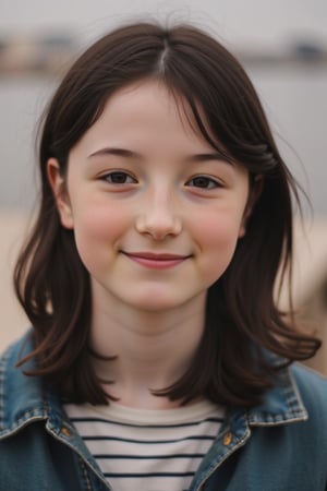 Close-up portrait photograph of a young woman, smiling. black hair