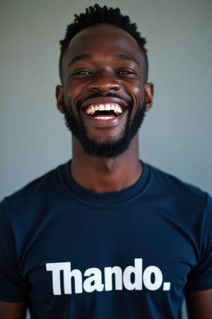 minimalist_line_style close-up portrait shot of an 30 year old Yoruba man wearing a dark blue teeshirt with the word "Thando." emblazoned on it in bold white block text, laughing and smiling, gazing into the camera lens at an angle. a clean and minimalist contrast. The overall focus is on the subject's facial features.,