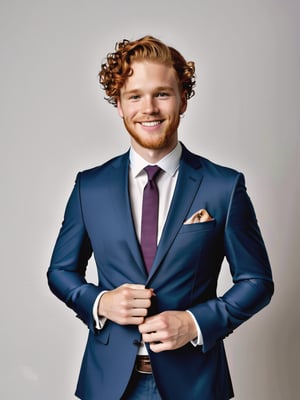 business Portrait photograph of 1man endomorph, smiling, curly redhead, dadbod, mid-length-hair, suit, arts_and_crafts