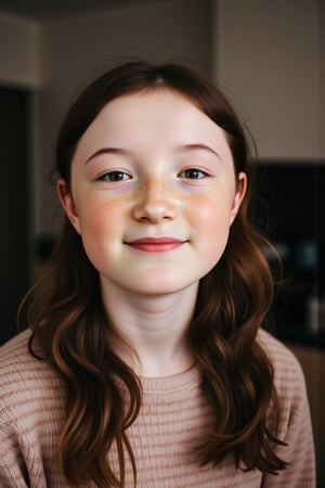 Close-up portrait photograph of a young woman, smiling.  black hair freckles