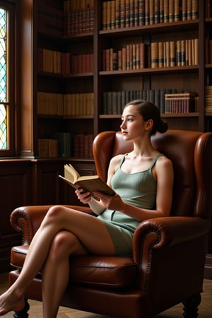 A young woman with a delicate expression sits comfortably in a leather-bound armchair, her legs crossed at the ankles. She holds an book, it's cover gleaming in soft, golden light that filters through stained glass windows. The library's shelves, lined with ancient tomes and scrolls, rise up behind her like a warm, wooden wall. Deep in thought, the silence of the library punctuated only by the turning of pages.