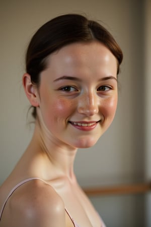 A close-up shot of a 50-year-old ballerina beaming with joy, her tall and slender figure illuminated by soft, warm lighting. Wrinkles on her pale skin radiate from the corners of her eyes and mouth, giving away her age. Her black hair is styled in a sleek bun, revealing scattered freckles across her cheeks. MsLauren's gentle smile hints at a lifetime of dedication to her craft, as she stands poised, one leg slightly bent in a subtle ballet pose, surrounded by the quiet elegance of a minimalist studio setting.