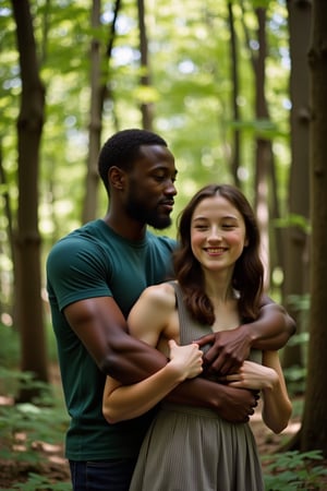 A tender moment unfolds in a dense forest, where a statuesque Nigerian man wraps his arms around a tall petite young English woman with pale tan skin and dark hair, embracing her warmly. Soft sunlight filters through the leafy canopy above, casting dappled shadows on their entwined figures. The woman's bright smile and closed eyes betray her joy, while the man's gentle hold exudes affection. Tall trees surround them, their trunks sturdy and unyielding, a metaphor for the couple's unwavering connection.