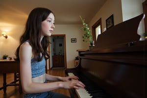 A young girl plays the piano. Tall, skinny, long black hair, pale skin, freckles,detailed skin pore style