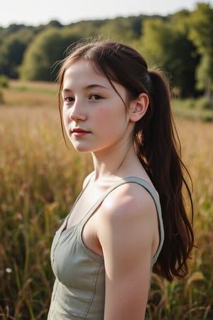 Wide angle shot of a young girl, sporting long black hair in a ponytail and pale skin with freckles, capturing her youthful essence. She is standing in a Capability Brown landscape wearing a empire line dress. Soft natural light illuminates the scene, casting a warm glow on her muscular build.