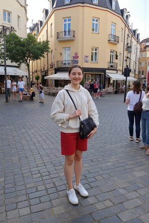 Photograph of a young woman on holiday in a famous tourist destination, smiling. 