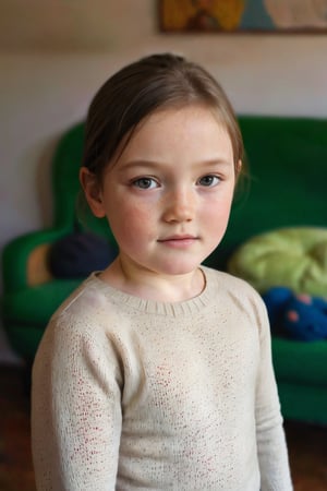 portrait photograph of a 5yo girl, tan freckled skin, black hair, chignon, slim endomorph, ripped, woollen_jumper