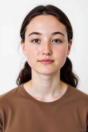 Sharp focus. A close-up portrait shot of a 40 year old woman wearing a brown teeshirt with a neutral expression, gazing directly into the camera lens. Her face shows her age, with laugh lines, crows feet and a few grey hairs peppered through her dark locks. The subject's long hair is tied back in a sleek manner, framing their face against a crisp white background that provides a clean and minimalist contrast. The overall focus is on the subject's facial features.