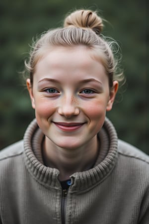 close up portrait photograph of a ancient old woman, facing camera and smiling, chignon, slim endomorph, ripped,, pale skin, silver grey hair, wrinkles