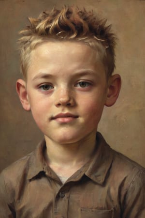  Portrait of a young boy: a young boy with spiked hair looks directly at the camera, exuding confidence. His skin glows under the soft, warm lighting, accentuating his features. The framing of the shot showcases his unique beauty.