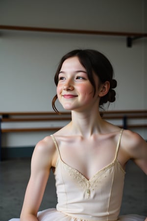 Teenage ballerina, smiling. Tall, pale skin, black hair freckles,mslaura