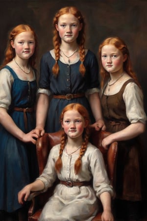 Full-body-length Oil Painitng of a three slender girls 1redhead, 1blonde, 1brunette tied in double plaits and bright blue eyes gazes directly at the camera, exuding confidence. stands beside a leather wing chair. Her porcelain complexion and freckles glow under the soft, warm lighting, accentuating her delicate features. She wears a sheer white dress and a pearl necklace