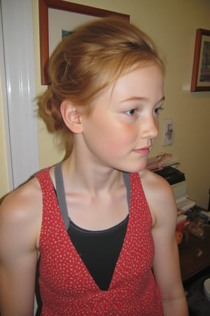 close up portrait photograph of a 9yo girl child, pale freckled skin, red hair, chignon, slim endomorph,nineten