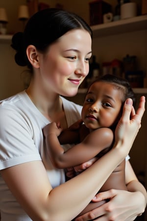 A tender moment captured on film: A grandmother with jet-black hair and porcelain-pale complexion cradles her tiny, squirming infant grandchild in a soft embrace. The framing is intimate, with the warm glow of natural light bathing their tender faces. The subject's hands gently support the baby's head, while her own face glows with maternal love. The baby has dark skin.