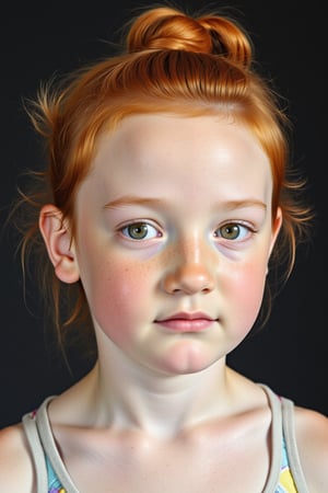 close up portrait photograph of a 1 year old girl child, pale freckled skin, red hair, chignon, slim endomorph,