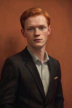 Man, 27 years old, pale skin, short straight red hair.
Against the plain, terracotta backdrop of an Art Deco design, a charismatic individual poses waist-up, their dark brown hair styled with subtle texture and light brown eyes locking onto the camera lens with unbridled confidence. The soft, warm glow illuminates them highlighting delicate features and accentuating their figure.