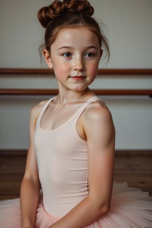 portrait photograph of a 9yo girl ballerina in a tutu, chignon, tan skin, dark hair, slim endomorph, ripped, leotard, dance school, nineten