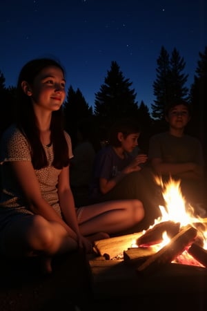 Nighttime campsite scene: A radiant young girl, with striking features and porcelain-like complexion, sits comfortably beside a crackling campfire. Her waist length black hair falls down her back. Freckles dance across the bridge of her nose, adding to her natural beauty. The warm glow of the fire illuminates her smiling face, as she gazes up at the star-studded night sky.