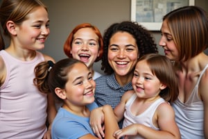 Capture a candid shot of a family engaged in a playful activity, such as tickling each other or playing hide-and-seek. The five children (4 girls 1 boy)  are laughing and giggling, while the two older women are smiling and joining in the fun. The photo captures the joy and spontaneity of family life. one woman has pale freckled skin and copper-red hair, the other is a dark tanned woman with black hair. The children are a mix of their parents with biege skin and dark brown hair.