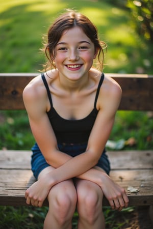 A joyful young woman with a charming grin, her bright smile and infectious laughter radiating warmth as she sits on a worn wooden bench, surrounded by lush greenery. Soft afternoon sunlight casts a warm glow, highlighting the delicate features of her face. Her dark messy hair and relaxed pose exude carefree joy.