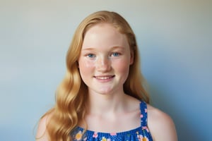 A radiant golden light bathes the 20-year-old woman's muscular body in a studio setting, accentuating her pale freckled skin. She wears a flower-patterned summer dress. Long blonde hair reaches her waist. The camera captures her full round features, highlighting the warm and innocent glow of her closed_mouth_smile. Her bright blue eyes sparkle with joy, beaming directly at the viewer as he radiates warmth and optimism.