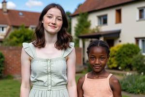 Full body length photograph.  A tall slim middle-aged woman with pale skin, freckles and long black hair stands beside her young Nigerian daughter. The daughter is short and stout with short black hair, dark skin and a square face. Both women are wearing summer dresses and standing in front of an english country cottage. 