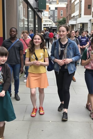 Candid photograph of a group of teenage girls walking down a London street. One of the girls has long black hair and pale skin and is smiling. The others are all fiferent races and builds.