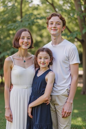 A joyful family holiday portrait. Mother, with her sleek bobbed hair and white cheesecloth dress, stands tall alongside father, his copper-blond locks and freckled skin a perfect complement to his athleticism. Tall 12-year-old daughter beams with excitement, her long black tresses framing her bright smile as she wears a dark blue summer dress.