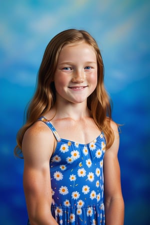 A radiant golden light bathes the 14-year-old girl's muscular body in a studio setting, accentuating her tan freckled skin. She wears a flower-patterned summer dress. Long light-brown hair with red highlights reaches to her waist. The camera captures her slim muscular features, highlighting the warm and innocent glow of her closed_mouth_smile. Her bright blue eyes sparkle with joy, beaming directly at the viewer as he radiates warmth and optimism.