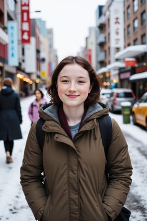 Photograph of a young woman on holiday in tokyo, winter, smiling. tan skin, dark hair.