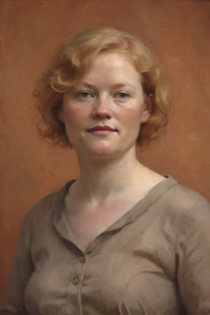 Woman, 52 years old, pale pinkish skin, blonde hair, ginger freckles, round face, chubby.
Against the plain, terracotta backdrop of an Art Deco design, a charismatic individual poses waist-up, their dark brown hair styled with subtle texture and light brown eyes locking onto the camera lens with unbridled confidence. The soft, warm glow illuminates them highlighting delicate features and accentuating their figure.