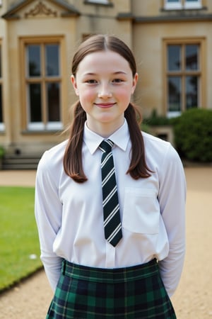 A delicate young girl with tall and slender build, striking features, and long black hair in a ponytail stands in front of a manor house. She wears a traditional English school uniform, white blouse, dark green tartan skirt, white and black striped tie. Her porcelain-like complexion is accentuated by a sprinkling of freckles across the bridge of her nose. The camera frames her from the waist up, showcasing her intricate skin pores as she smiles at the camera for a school photo.,detailed skin pore style