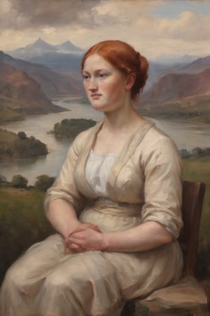 This painting depicts a pale, muscular woman seated at an angle, with her head turned slightly to the side and a small smile on her lips. She has copper-red hair. She is wearing a dress with a high neckline and a fabric draped over her head and shoulders. The background of the painting is a landscape, with mountains and a river in the distance. The woman’s hands are folded in her lap, and she is looking out at the viewer with a mysterious and enigmatic expression. The overall mood of the painting is one of calm and contemplation