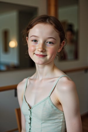 Teenage ballerina, smiling. Tall, pale skin, black hair freckles,mslaura