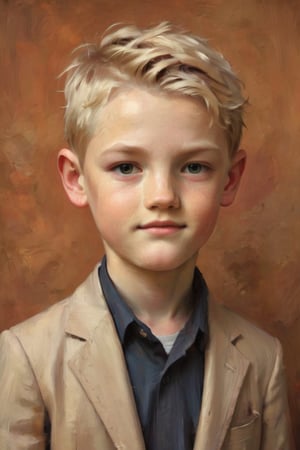 Boy 10 year old, blonde spiked hair.
Against the plain, terracotta backdrop of an Art Deco design, a charismatic individual poses waist-up, their hair styled with subtle texture and eyes locking onto the camera lens with unbridled confidence. The soft, warm glow illuminates them highlighting delicate features and accentuating their figure.