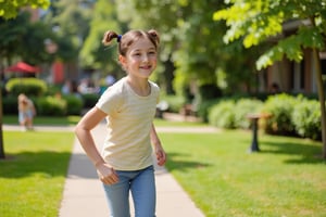 Capture the joyful abandon of a 9-year-old girl as she laughs and plays on a sunny afternoon in a lush park. Framed by a bright green background, her carefree spirit shines through. Soft sunlight casts a warm glow, highlighting the gentle grass and vibrant flowers surrounding her. Her black pigtails bounce with each skip, while her bright smile radiates innocence and freedom. nineten