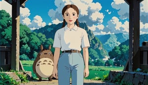 A serene Ghibli-inspired full-body-length anime of a woman, her neutral expression captivating as she directly addresses the viewer. Her long hair, in a plait, frames her face against a dramatic japanese countryside background, creating a striking contrast. She isnstanding next to Totoro.