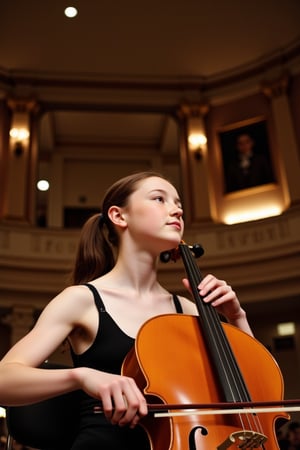 A delicate young girl with tall and slender build, striking features, and long black hair in a ponytail sits poised playing a cello in a majestic concert hall. Softly lit by subtle stage lighting, her porcelain-like complexion is accentuated by a sprinkling of freckles across the bridge of her nose. The camera frames her from the waist up, showcasing her intricate skin pores as she concentrates on her performance, her slender fingers dancing across the keys.,detailed skin pore style