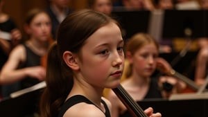 A delicate young girl with tall and slender build, striking features, and long black hair in a ponytail sits poised playing a cello in a majestic concert hall. Softly lit by subtle stage lighting, her porcelain-like complexion is accentuated by a sprinkling of freckles across the bridge of her nose. The camera frames her from the waist up, showcasing her intricate skin pores as she concentrates on her performance, her slender fingers dancing across the keys.,detailed skin pore style