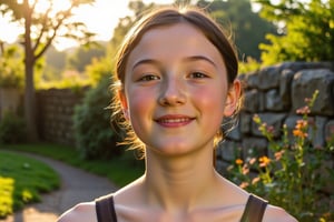 A sunny afternoon in Welsh countryside, warm golden light casting long shadows. A bright smile illuminates the face of a carefree teenage girl, her brown eyes sparkling with joy. She had tan skin and dark hair. She stands confidently in front of a stone wall, arms relaxed by her sides, wearing a casual outfit and sandals, surrounded by lush greenery and wildflowers.