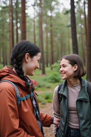 Candid scene of a two teenage firls hiking in the Karri forests of Western Australia. The first is tall and slender build with striking features and long black hair in a long french braid. Her porcelain-like complexion is accentuated by a sprinkling of freckles across the bridge of her nose. The second is short with a thick endomorphic build. She is GRSW, has tan skin, dark brown hair in a bob. Both girls are smiling as they talk to each other and pay no heed to the camera.