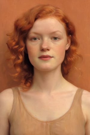 Woman, 25 years old, pale skin, curly straight red hair, fat.
Against the plain, terracotta backdrop of an Art Deco design, a charismatic individual poses waist-up, their dark brown hair styled with subtle texture and light brown eyes locking onto the camera lens with unbridled confidence. The soft, warm glow illuminates them highlighting delicate features and accentuating their figure.