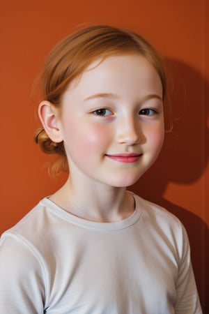 close up oil painting photograph of a 9yo girl child against a terrcotta art deco background, laughing , pale freckled skin, red hair, chignon, slim endomorph,nineten