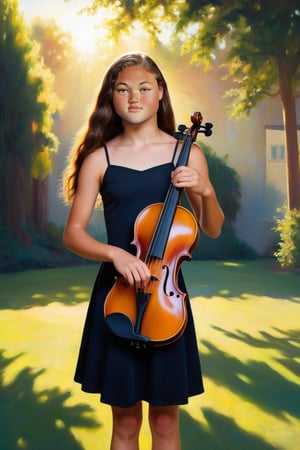 A warm summer light illuminates a strong teenage girl with long dark brown locks, posed confidently in a modern oil painting. She is wearing a black dress and playing a violin.
Her smooth tanned complexion glows under the sunlight, highlighting toned physique. Simple background allows their striking features to take center stage.
