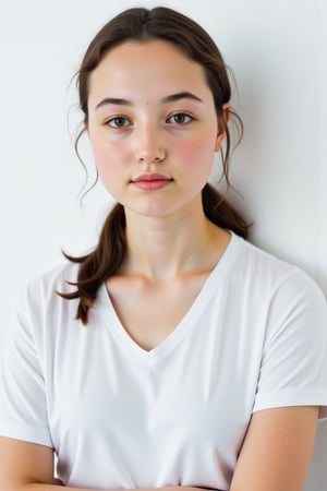 Sharp focus. A close-up portrait shot of a 40 year old woman wearing a white teeshirt with a neutral expression, gazing directly into the camera lens. Her face shows her age, with laugh lines, crows feet and a few grey hairs peppered through her dark locks. The subject's long hair is tied back in a sleek manner, framing their face against a crisp white background that provides a clean and minimalist contrast. The overall focus is on the subject's facial features.