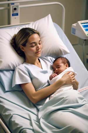 A poignant moment captured on film: A woman lies in a hospital bed, her legs slightly apart, revealing the crowning of a newborn baby. The framing is intimate, with the camera angled to emphasize the tender scene. Soft lighting illuminates the subject's face and the baby's tiny features, while the background remains blurred and neutral. The composition guides the viewer's attention to the central figure, where mother and child converge in a moment of life-changing connection.