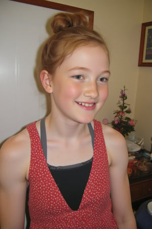 close up portrait photograph of a 9yo girl child, laughing , pale freckled skin, red hair, chignon, slim endomorph,nineten