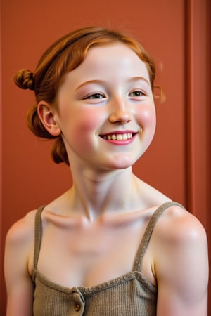 close up oil painting of a 9yo girl child against a terrcotta art deco background, laughing , pale freckled skin, red hair, chignon, slim endomorph,,detailed skin pore style