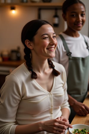 A candid photograph of a woman beaming with joy, her tall and slender figure illuminated by soft, warm lighting as she works in the kitchen. Wrinkles on her pale skin radiate from the corners of her eyes and mouth, giving away her age. Her long black hair is styled in a waist-length plait. Her black Nigerian husband stands behind her, pressed against her back.