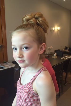 close up portrait photograph of a 2yo girl child, pale freckled skin, red hair, chignon, slim endomorph,nineten